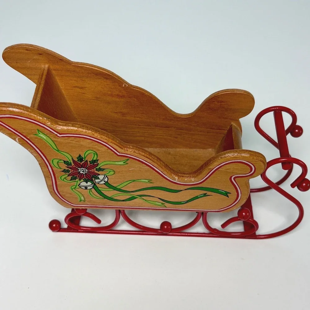 Vintage Christmas Sleigh Centerpiece Wood Metal Reindeer Sled Poinsettia Decor‎